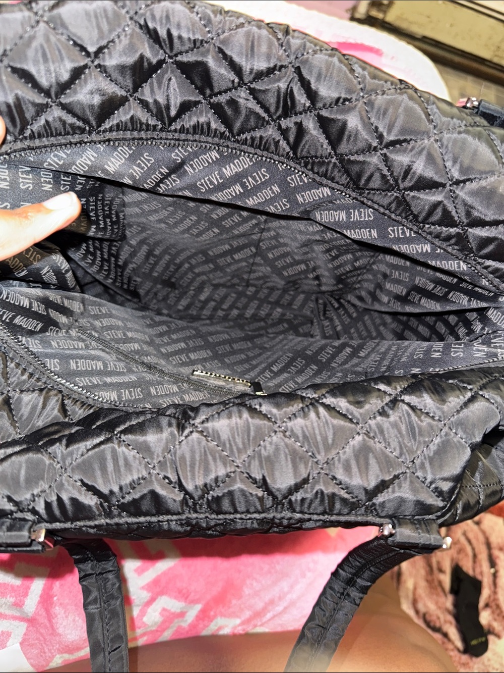 Steve Madden Black Quilted Nylon Tote with Front Pouches/Baby Diaper Bag - Picture 8 of 9